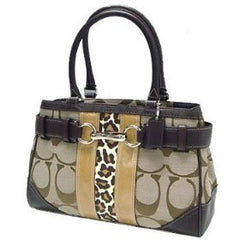 Coach 13073 Medium Signature Hampton Stripe Carryall Bag Silver Khaki Mahogany